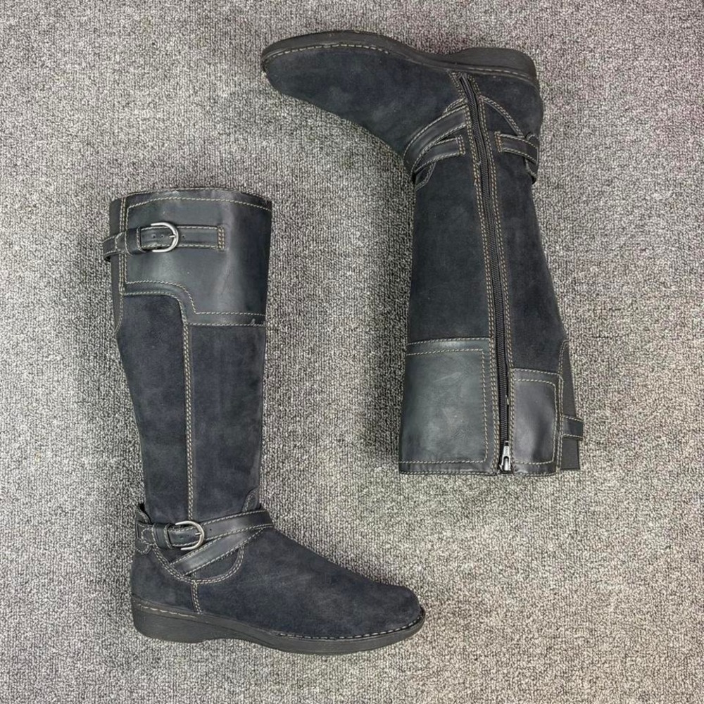 Women's Clarks Navy Leather Heel Side Zip Tall Campus Riding‎ Boots Size 10